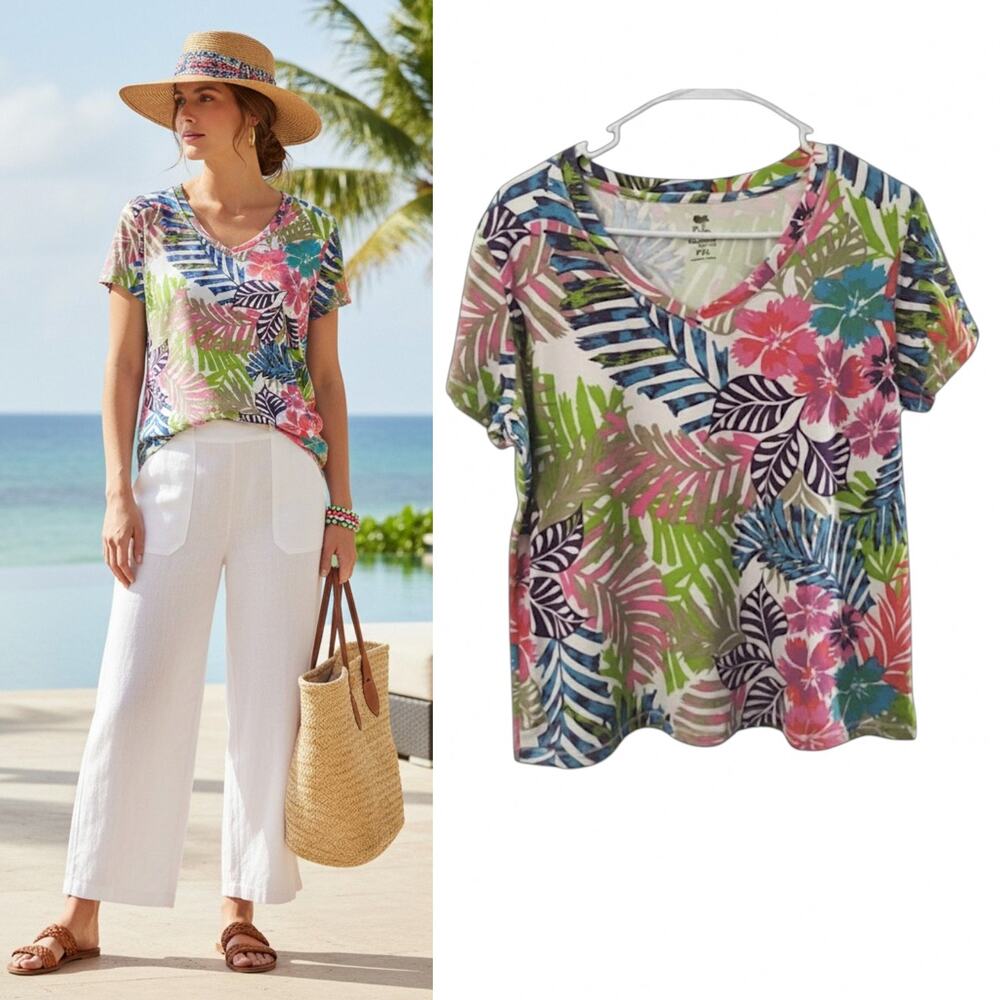 Palm Harbour Tropical Print Top Petite PXL Multicolor Jersey Knit Popover Tee